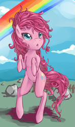 Size: 697x1183 | Tagged: dead source, safe, artist:rustystones, pinkie pie, earth pony, pony, bipedal, female, filly, foal, looking up, open mouth, rainbow, rock farm, solo, sonic rainboom