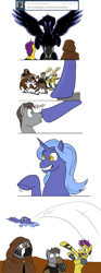 Size: 1230x3293 | Tagged: safe, artist:mistermech, artist:tytan, derpy hooves, oc, oc:ilaris, alicorn, pony, zebra, fallout equestria, alicorn oc, alicornified, artificial alicorn, bipedal, blue alicorn (fo:e), boop, cloak, clothes, comic, derp, derpicorn, fanfic, fanfic art, female, grin, hooves, horn, mare, race swap, smiling, spear, spread wings, wings