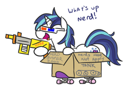 Size: 640x433 | Tagged: safe, artist:jargon scott, gleaming shield, shining armor, pony, unicorn, 3d glasses, cardboard box, dialogue, female, hoof hold, male, narf, nerd, nerf, nerf gun, open mouth, rule 63, simple background, skateboard, smiling, solo, stallion, white background