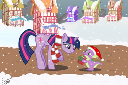 Size: 4500x3000 | Tagged: safe, artist:bronycafe, spike, twilight sparkle, unicorn twilight, dragon, pony, unicorn, book, christmas, clothes, female, male, mare, photoshop elements, ponyville, present, raised hoof, scarf, smiling, snow, snowfall