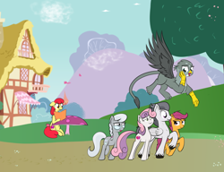 Size: 1024x788 | Tagged: safe, artist:cosmonaut, derpibooru import, apple bloom, gabby, rumble, scootaloo, silver spoon, sweetie belle, griffon, female, herd, male, older, older apple bloom, older rumble, older scootaloo, older silver spoon, older sweetie belle, polyamory, polygamy, ponyville, rumbelle, rumble gets all the fillies, rumblespoon, rumbloo, rumgabby, shipping, straight, teenager, unshorn fetlocks