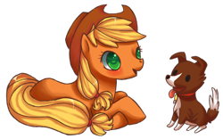 Size: 800x500 | Tagged: safe, artist:mustachu, applejack, winona, dog, earth pony, pony, duo, female, mare, prone, simple background, tongue out, transparent background