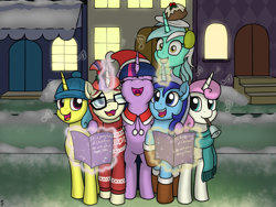 Size: 1280x960 | Tagged: safe, artist:mkogwheel, lemon hearts, lyra heartstrings, minuette, moondancer, twilight sparkle, twinkleshine, pony, unicorn, background pony, bell, canterlot, canterlot six, caroling, christmas, clothes, counterparts, female, figgy pudding, glowing horn, hat, holiday, irrational exuberance, it's a pony kind of christmas, levitation, magic, magic aura, mare, mouth hold, music notes, santa hat, scarf, smiling, snow, sweater, telekinesis, twilight's counterparts, we wish you a merry christmas