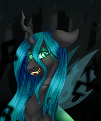 Size: 1485x1784 | Tagged: dead source, safe, artist:foxlove253, queen chrysalis, changeling, changeling queen, bust, fangs, female, glowing eyes, portrait, smiling, solo