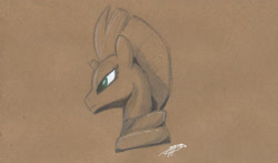 Size: 2910x1716 | Tagged: safe, artist:brisineo, tempest shadow, unicorn, my little pony: the movie, broken horn, brown background, bust, colored pencil drawing, female, mare, paper, pencil drawing, simple background, sketch, solo, traditional art