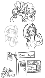 Size: 746x1284 | Tagged: safe, artist:jargon scott, tempest shadow, anthro, unicorn, my little pony: the movie, armpits, broken horn, bust, doot, eye scar, female, flexing, grayscale, hairspray, monochrome, muscles, musical instrument, pun, scar, sign, simple background, solo, trumpet, white background