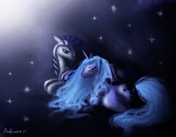 Size: 648x504 | Tagged: dead source, safe, artist:antoinetterosae, princess luna, alicorn, bat pony, pony, duo, female, fluffy, frown, male, mare, messy mane, night guard, photoshop, prone, royal guard, s1 luna, sad, stallion, stars