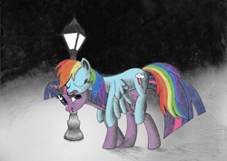 Size: 1500x1060 | Tagged: safe, artist:furor1, rainbow dash, twilight sparkle, unicorn twilight, pegasus, pony, unicorn, adobe imageready, carrying, duo, eyes closed, female, lamppost, lesbian, mare, night, ponies riding ponies, shipping, sleeping, twidash