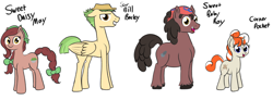 Size: 1024x377 | Tagged: safe, artist:cosmonaut, derpibooru import, oc, oc only, oc:corner pocket, oc:sour bill barley, oc:sweet baby ray, oc:sweet daisy may, earth pony, pegasus, pony, unicorn, bandana, braid, braided tail, chubby, hat, simple background, unshorn fetlocks, white background