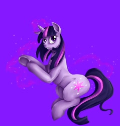 Size: 900x943 | Tagged: safe, artist:tzelly-el, twilight sparkle, unicorn twilight, pony, unicorn, blue background, female, mare, simple background, solo, underhoof