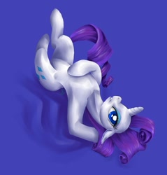 Size: 900x943 | Tagged: safe, artist:tzelly-el, rarity, pony, unicorn, armpits, blue background, female, mare, on back, simple background, solo, sultry pose