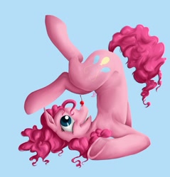 Size: 900x943 | Tagged: safe, artist:tzelly-el, pinkie pie, earth pony, pony, blue background, cherry, female, mare, simple background, smiling, solo, underhoof, upside down