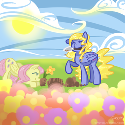 Size: 800x800 | Tagged: dead source, safe, artist:steeve, fluttershy, lily blossom, pegasus, pony, duo, duo female, eyes closed, female, flower, gardening, happy, mare, mouth hold, smiling