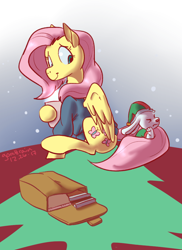 Size: 800x1100 | Tagged: safe, artist:goat train, angel bunny, fluttershy, pegasus, pony, clothes, duo, elf costume, elf hat, female, hat, hoof hold, looking at something, looking back, mare, mug, redraw, saddle bag, sitting, smiling, sweater, sweatershy, wings