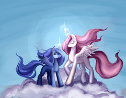 Size: 1200x934 | Tagged: dead source, safe, artist:nyarmarr, princess celestia, princess luna, alicorn, pony, blank flank, cloud, duo, duo female, eyes closed, female, hooves, horn, magic, on a cloud, spread wings, standing on cloud, wings, younger