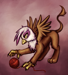Size: 823x900 | Tagged: dead source, safe, artist:nyarmarr, gilda, griffon, abstract background, behaving like a cat, catbird, female, griffons doing cat things, solo, yarn ball