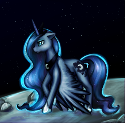 Size: 889x876 | Tagged: dead source, safe, artist:nyarmarr, princess luna, alicorn, pony, banishment, female, hoof shoes, mare, moon, solo, space, stars, wings down