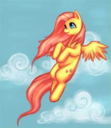 Size: 887x1024 | Tagged: dead source, safe, artist:nyarmarr, fluttershy, pegasus, pony, cloud, female, flying, mare, solo