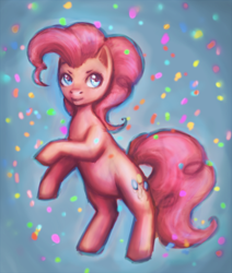 Size: 764x900 | Tagged: dead source, safe, artist:nyarmarr, pinkie pie, earth pony, pony, confetti, female, mare, rearing, solo