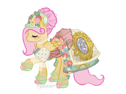 Size: 800x600 | Tagged: safe, artist:requiembelle, fluttershy, pegasus, pony, clothes, dress, eyes closed, female, flower, hat, mare, photoshop, simple background, solo, white background