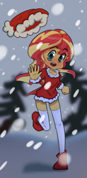 Size: 740x1500 | Tagged: safe, artist:rockset, sunset shimmer, equestria girls, christmas, clothes, costume, female, hat, holiday, looking at you, open mouth, santa costume, santa hat, snow, socks, solo, stockings, thigh highs