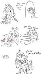 Size: 577x1024 | Tagged: safe, artist:jargon scott, princess cadance, shining armor, alicorn, pony, unicorn, comic, derp, dialogue, eating, female, food, glowing horn, gorph, holding a pony, lactose intolerant, magic, majestic as fuck, male, peetzer, pizza, royal princessy duties, shiningcadance, shipping, simple background, straight, telekinesis, this will end in farts, white background