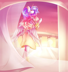 Size: 2000x2132 | Tagged: safe, artist:y0-ki, princess celestia, anthro, semi-anthro, unguligrade anthro, arm hooves, balcony, clothes, curtains, dress, horn jewelry, jewelry, looking at you, looking back, looking back at you, solo, sunrise