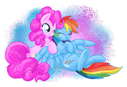 Size: 1053x721 | Tagged: safe, artist:dawnallies, pinkie pie, rainbow dash, earth pony, pegasus, pony, abstract background, adobe imageready, cute, dashabetes, diapinkes, female, lesbian, mare, on back, one eye closed, pinkiedash, shipping, smiling, spread wings, underhoof, wink