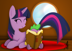 Size: 1674x1184 | Tagged: safe, artist:ardas91, artist:metaldrakon, spike, twilight sparkle, unicorn twilight, dragon, pony, unicorn, book, duo, eyes closed, female, male, mare, mirror, prone, reading, rug, signature, sitting, smiling