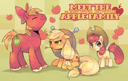 Size: 2169x1372 | Tagged: dead source, safe, artist:suikuzu, apple bloom, applejack, big macintosh, earth pony, pony, accessory swap, adobe imageready, apple, apple bloom's bow, apple siblings, apple sisters, applejack is not amused, applejack's hat, bow, eyes closed, family, female, filly, foal, hair bow, hat, horse collar, male, mare, siblings, sisters, stallion, straw in mouth, sweat, trio, unamused