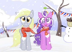 Size: 687x497 | Tagged: safe, artist:salkridgh, derpy hooves, screwball, earth pony, pegasus, pony, clothes, duo, female, mare, muffin, open mouth, paint tool sai, scarf, shared clothing, shared scarf, smiling, snow, snowfall, snowman, winter
