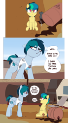 Size: 3233x5871 | Tagged: safe, artist:shinodage, oc, oc only, oc:apogee, oc:delta vee, oc:houston, mouse, pegasus, pony, comic, delta vee's junkyard, dialogue, duo, female, filly, junkyard, mare, mother and child, mother and daughter, oil barrel, parent and child, sitting, speech bubble