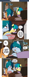 Size: 1971x5231 | Tagged: safe, artist:shinodage, oc, oc only, oc:apogee, oc:delta vee, pegasus, pony, ash, ashtray, boop o' roops, bowl, box, cereal, cigarette, clothes, comic, delta vee's junkyard, desk lamp, dialogue, duo, ear freckles, eating, female, filly, food, freckles, graduation, graduation cap, hat, mare, milk, mother and child, mother and daughter, no pupils, onomatopoeia, paper towels, parent and child, poster, remote, shirt, speech bubble, television