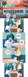 Size: 3036x8348 | Tagged: safe, artist:shinodage, oc, oc only, oc:delta vee, oc:jet stream, pegasus, pony, clothes, comic, delta vee's junkyard, dialogue, diner, duo, female, flashback, food, freckles, glasses, implied princess celestia, implied princess luna, looking at each other, looking down, male, mare, messy mane, milkshake, palm tree, restaurant, shirt, sitting, speech bubble, stallion, sweater, teenager, tree, turtleneck, waffle, younger