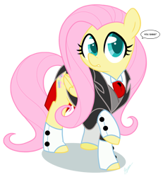 Size: 863x933 | Tagged: dead source, safe, artist:egophiliac, fluttershy, pegasus, pony, butler, clothes, costume, dapper, dialogue, female, mare, raised hoof, simple background, solo, spats, suit, transparent background