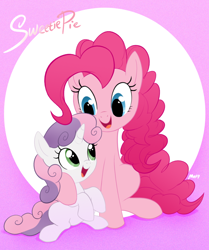 Size: 900x1074 | Tagged: dead source, safe, artist:mn27, pinkie pie, sweetie belle, earth pony, pony, unicorn, abstract background, duo, duo female, female, filly, friendshipping, mare, sitting