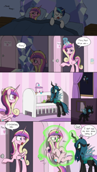 Size: 3000x5300 | Tagged: safe, artist:skitter, princess cadance, princess flurry heart, queen chrysalis, shining armor, whammy, alicorn, changeling, changeling queen, pony, unicorn, comic:change of heart (skitter), bed, bipedal, bipedal leaning, bugbutt, butt, carrying, caught, comic, confused, crib, crib mobile, cropped, duo, eye contact, fear, female, flying, frown, gag, glare, holding a pony, kidnapped, leaning, levitation, lidded eyes, looking at each other, magic, magic suppression, magical bondage, mare, missing accessory, open mouth, plot, question mark, raised hoof, shocked, sleeping, speech bubble, spread wings, surprised, teddy bear, telekinesis, tired, underhoof, unshorn fetlocks, wide eyes, wings