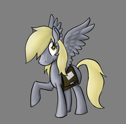 Size: 798x787 | Tagged: safe, artist:enma-darei, derpy hooves, pegasus, pony, female, gray background, mailmare, mare, raised hoof, simple background, solo