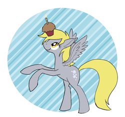 Size: 847x789 | Tagged: safe, artist:enma-darei, derpy hooves, pegasus, pony, abstract background, balancing, candle, female, mare, muffin, rearing, solo