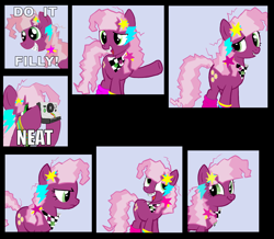 Size: 1516x1321 | Tagged: dead source, safe, artist:enma-darei, cheerilee, earth pony, pony, 80s, 80s cheerilee, braces, caption, female, image macro, mare, reaction image, solo, text, twiface