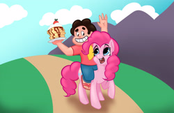 Size: 2782x1800 | Tagged: safe, artist:paleheart-arts, pinkie pie, earth pony, pony, crossover, food, humans riding ponies, pancakes, riding, smiling, steven quartz universe, steven universe, together breakfast