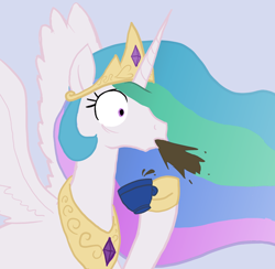 Size: 674x658 | Tagged: safe, artist:enma-darei, princess celestia, alicorn, pony, blue background, coffee, cup, female, mare, reaction image, simple background, solo, spit take