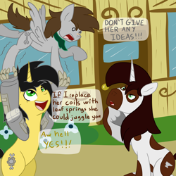 Size: 3000x3000 | Tagged: safe, artist:bigmackintosh, oc, oc only, oc:fuselight, oc:gadget steelmare, oc:hardy mackintosh, cyborg, earth pony, pegasus, unicorn, blacksmith, ponyville, prosthetic limb, prosthetics, response