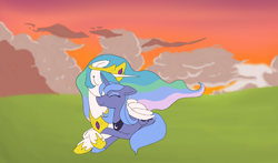 Size: 1134x669 | Tagged: safe, artist:enma-darei, princess celestia, princess luna, alicorn, pony, female, mare, nuzzling, prone, s1 luna