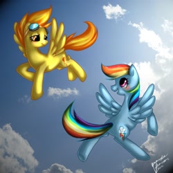 Size: 1008x1008 | Tagged: safe, artist:lovelyartdump, rainbow dash, spitfire, pegasus, pony, blushing, female, flying, goggles, lesbian, mare, photoshop elements, shipping, spitdash, wings