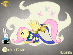 Size: 1280x959 | Tagged: safe, artist:rhanite, angel bunny, fluttershy, pegasus, pony, rabbit, abstract background, anima banner, clothes, crossover, dress, duo, exalted, female, gray background, male, mare, miyamoto usagi, photoshop, simple background, solar exalted, usagi yojimbo