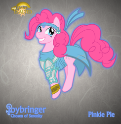 Size: 1255x1280 | Tagged: safe, artist:rhanite, pinkie pie, earth pony, pony, abstract background, chosen of serenity, clothes, crossover, exalted, female, gray background, mare, photoshop, sidereal exalted, simple background, solo