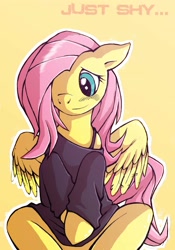 Size: 2370x3386 | Tagged: dead source, safe, artist:lonelycross, fluttershy, pegasus, pony, blushing, bottomless, bra strap, clothes, covering, female, high res, mare, off shoulder, partial nudity, photoshop elements, simple background, sitting, solo, sweater, sweatershy, yellow background