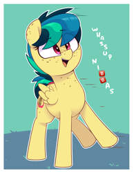 Size: 1024x1320 | Tagged: safe, artist:shinodage, edit, oc, oc only, oc:apogee, pegasus, pony, cute, dialogue, emoji, female, filly, freckles, mare, nibba, open mouth, raised hoof, raised leg, smiling, solo, vulgar, 🅱