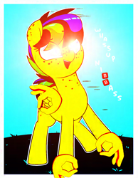 Size: 1024x1320 | Tagged: safe, artist:shinodage, edit, oc, oc only, oc:apogee, pegasus, pony, cute, dank memes, deep fried, deep fried meme, dialogue, emoji, exploitable meme, female, filly, glowing eyes, glowing eyes meme, mare, meme, needs more jpeg, nibba, nigga, ok hand sign, open mouth, raised hoof, raised leg, smiling, solo, triggered, vulgar, 🅱, 👌